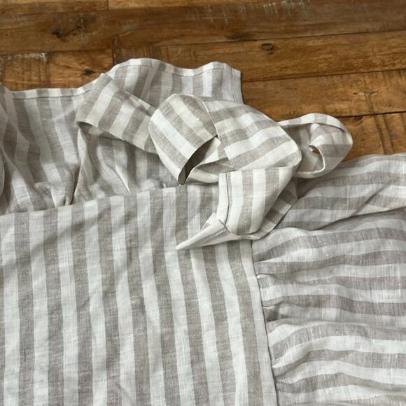 The White Linen Farmhouse Chair Cover Ruffled Striped White & Tan French Linen - Picture 4 of 12